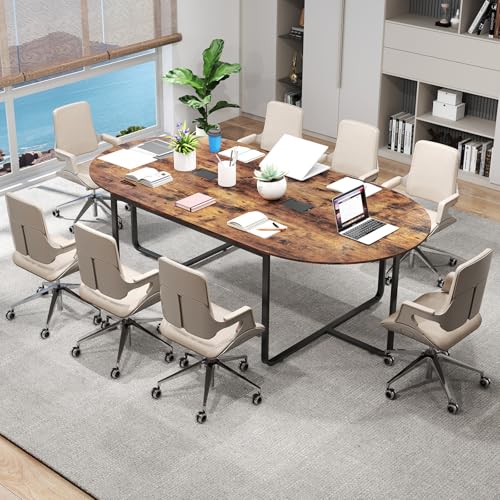 Tangkula 95" Conference Table, Large Oval Meeting Table for 10-12, 2 Cable Management Grommets, Sturdy Metal Legs, Industrial Business Training Seminar Table for Office Conference Room (Rustic Brown) Tangkula