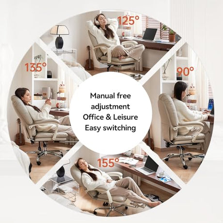 EMIAH Ergonomic Office Chair with Foot Rest Criss Cross Chair with Wheels Reclining Executive Office Chair Mid Back PU Leather Swivel Computer Chairs Lumbar Support for Home Office (Beige) EMIAH