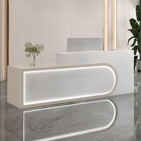 LITFAD Rectangle Reception Desk with Drawer, Cable Management, and Keyboard Tray Manufactured Wood Checkout Counter Modern Counter, Beige/White, Left Hand Return, 94.5" L x 23.5" W x 39.5" H LITFAD