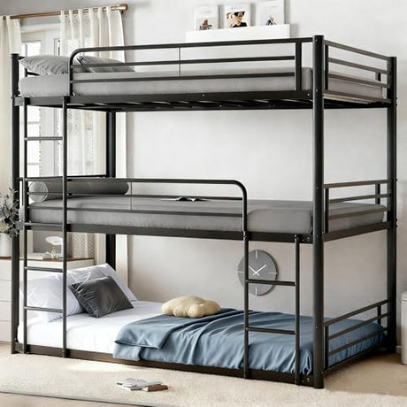 AEMSOFK Metal Triple Bunk Bed, Twin Triple Bunk Bed, 3 Bed Bunk Beds for 3, Heavy Duty Triple Beds for Kids, Slat Support,Noise Reduced Structure,No Box Spring Needed(Black) AEMSOFK