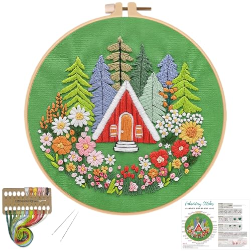 Louise Maelys Embroidery Kits for Beginners,Cross Stitch Kit for Adults,DIY Needlepoint with Forest Garden House Pattern,Including Hoop,Threads and Instructions