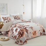 Khaki Quilt Set King Size Bedding Set 3 Pieces Boho Floral Quilt Bedspread Soft Microfiber Lightweight Flower Coverlet Set with 2 Pillow Shams for All Season 90"x104" Drucon