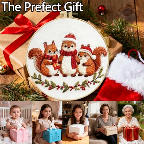 Zhenqing Three Christmas Squirrels Embroidery Kit for Beginners, Pre-Printed 29x29cm Circular Cotton Fabric with 20cm Hoop, Festive Animal Holiday Decor (C0198)