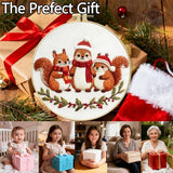 Zhenqing Three Christmas Squirrels Embroidery Kit for Beginners, Pre-Printed 29x29cm Circular Cotton Fabric with 20cm Hoop, Festive Animal Holiday Decor (C0198)