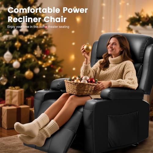 TOMOSLTER Home Theater Seating Power Recliner Chair, Massage Reclining Sofa with Cup Holders, Wall Hugger RV Recliners,145° Adjustable Recline & Pockets for Movie Room(Black, Single Chair)