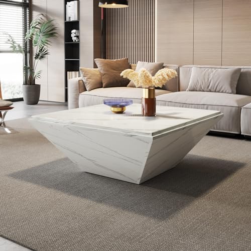 Tribesigns Coffee Table, 35.43-Inch Square Coffee Table with Faux Marble Tabletop, Modern Center Table for Living Room, Large Engineered Wood Cocktail Table, White Tribesigns