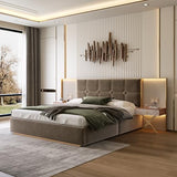 Olodumare Luxury Modern Bed Frame with Velvet Headboard, 2 LED Lights & Floating Nightstands, King, Coffee | Sturdy Wood & Metal Platform Bed, No Box Spring Needed Olodumare
