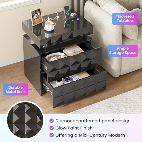 Dystler LED Nightstand Set of 2 with Charging Station,3 Drawers Night Stand with Lockable Hidden Storage,Smart Bedside Table with Human Sensor RGB Lights for Bedroom,Black Dystler