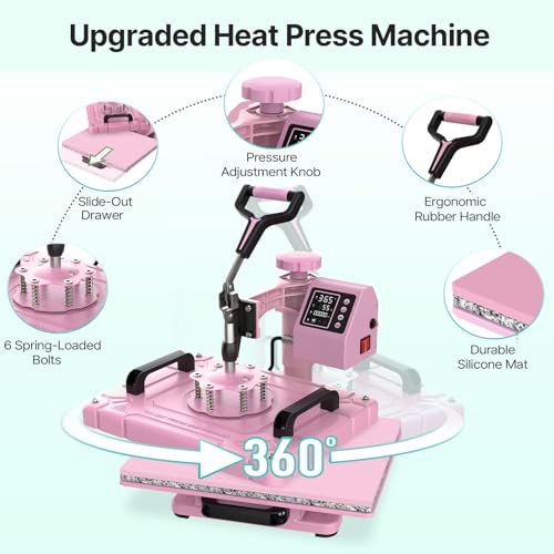 Slendor 5 in 1 Heat Press Machine 12x15 inch Sublimation Heat Press 360° Swing Away Heat Transfer Digital T-Shirt Pressing with 30OZ 20OZ Tumbler Press, Multifunction Combo for Hat Cap Plate Slendor