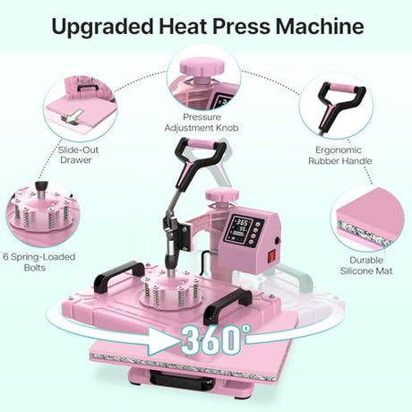 Slendor 5 in 1 Heat Press Machine 12x15 inch Sublimation Heat Press 360° Swing Away Heat Transfer Digital T-Shirt Pressing with 30OZ 20OZ Tumbler Press, Multifunction Combo for Hat Cap Plate Slendor