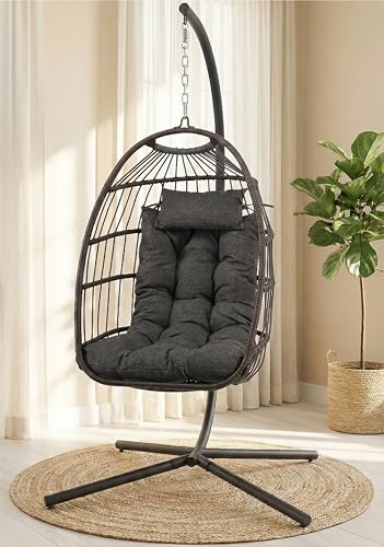 SereneLife Hanging Egg Chair with Stand - Wicker Rattan Outdoor Swing Chair, Powder-Coated Steel Frame, Padded Cushion & Headrest - Ideal Swinging Chair for Bedroom, Patio, Backyard - 350 lbs Load