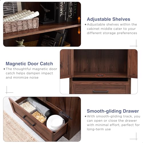 JXQTLINGMU 72" Tall Farmhouse Kitchen Pantry with Adjustable Shelves, Large Wood Storage Cabinet with Drawer & 2 Barn Doors, Versatile Storage for JXQTLINGMU