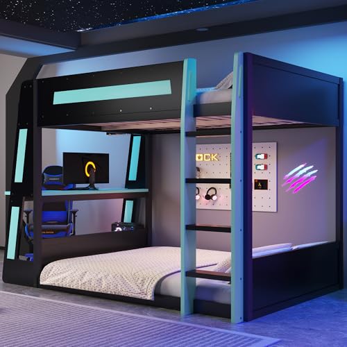 Full Over Full Wooden Bunk Bed with Desk & Charging Station & LED Lights,Gaming Loft Bed Frame with Safety Guardrails,Ladder and Storage Shelves,Esports Design for PC & Console Gamers,Black Blue FUvellamo