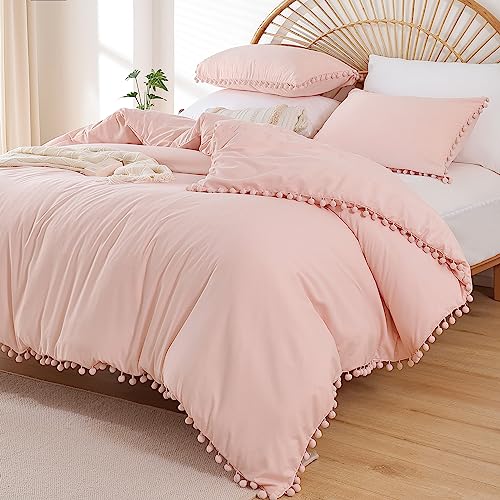 YIRDDEO Twin Comforter Set - Comforter Twin Size Bed with Ball Pom Fringe, Soft Bedding Set for All Seasons - 2 Pieces, 1 Comforter (66"x90") & 1 Pillow Sham(20"x26"), Blush YIRDDEO