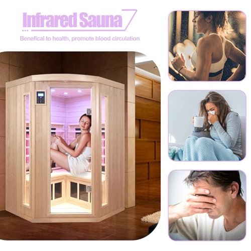 KUNSANA Infrared Saunas 2-3 Person, Ceramic Infrared Sauna for Home, Low EMF Indoor Home Sauna Spa, Ultra Large Size Corner Sauna, Hemlock Wood Sauna Room, Bluetooth Speakers, Chromotherapy Lights KUNSANA