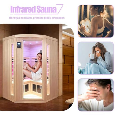 KUNSANA Infrared Saunas 2-3 Person, Ceramic Infrared Sauna for Home, Low EMF Indoor Home Sauna Spa, Ultra Large Size Corner Sauna, Hemlock Wood Sauna Room, Bluetooth Speakers, Chromotherapy Lights KUNSANA