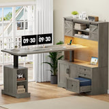 Homiflex 70.86" Farmhouse L Shaped Standing Desk with Hutch Electric Height Adjustable Desk with Storage Corner Computer Desk with File Drawer Power Outlets LED Gaming Desk with Sliding Door, Grey Homiflex