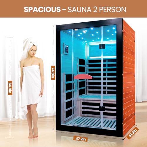 SAUNA Infrared Sauna 2 Person 2000W Low-EMF Wooden Home Spa Room Okoume Wood Indoor Dry Saunas with Intelligent Control Panel/Speaker/7-Colorful Starry Sky Light Two Person Sauna 47.3*41.3*74.8 IN HOSAUNA