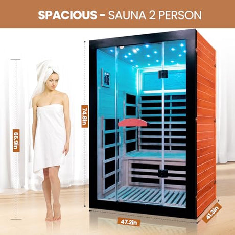 SAUNA Infrared Sauna 2 Person 2000W Low-EMF Wooden Home Spa Room Okoume Wood Indoor Dry Saunas with Intelligent Control Panel/Speaker/7-Colorful Starry Sky Light Two Person Sauna 47.3*41.3*74.8 IN HOSAUNA