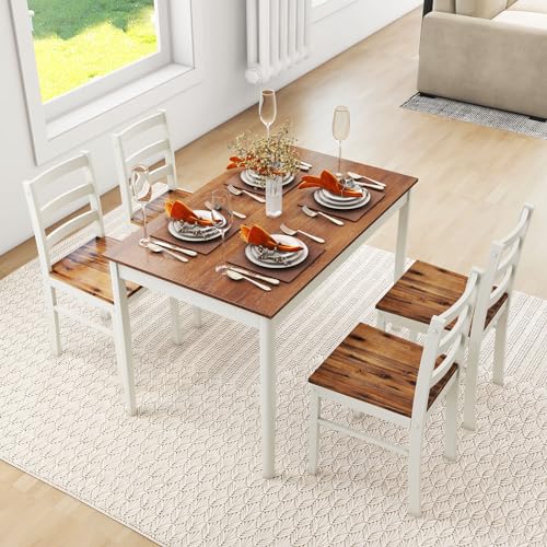 Tangkula 5-Piece Dining Table Set for 4, Solid Wood, Farmhouse Dinette Set w/Rubber Wood Legs, Modern Kitchen Table and Chair Set for Kitchen, Dining - WoodArtSupply