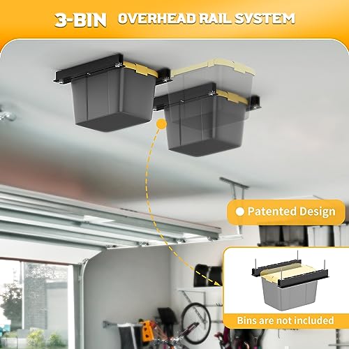 WALMANN Overhead Tote Storage Rail System, Garage Ceiling Bin Storage Rack Heavy Duty Adjustable Tote Slide Garage Storage System(for 3 Bins, Bins are not included) WALMANN