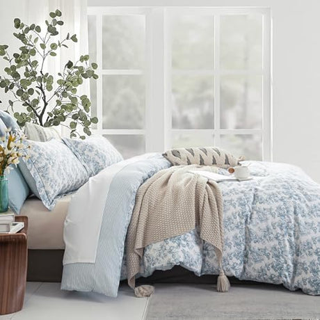 LEMIROE Vintage 100% Cotton Duvet Cover Queen Size 3PC - Elegant Pale Slate Blue Floral Pattern on White with Light Blue & White Striped Reverse, Luxurious Bedding Set with Button Closure (90"×90") LEMIROE