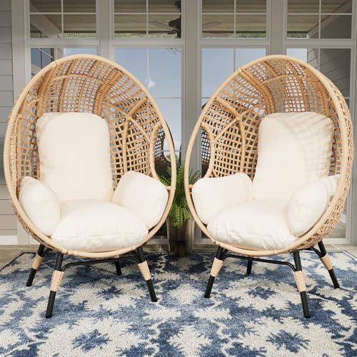 TQKVIPI 2 pcs Oversized Wicker Egg Chair Outdoor Indoor - Rattan Patio Egg Lounge Chairs with Cushion 500lbs Capacity for Living Room, Balcony, Backyard TQKVIPI