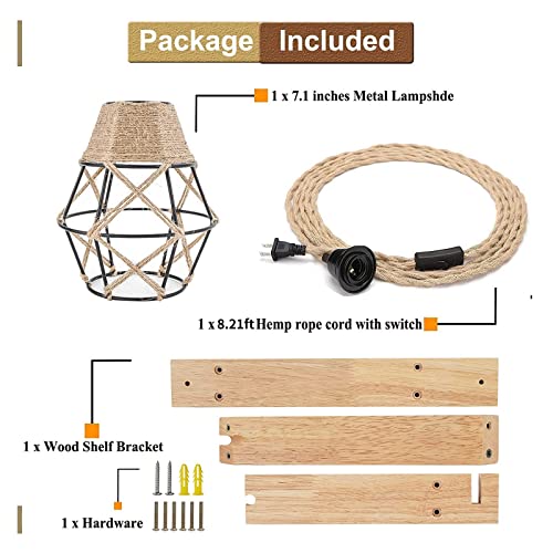 Frideko Wall Lamp with Plug in Cord - Plug in Wall Sconces, Farmhouse Hanging Lamps That Plug into Wall Outlet, Rustic Wall Mount Lamp with Wood Shelf Bracket & Switch Cord for Living Room, B - WoodArtSupply