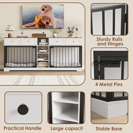Double Dog Crate Furniture, 82'' Large Dog Kennel Indoor with 4 Drawers and Shelves, Heavy Duty Wooden Dog Crate TV Stand for 2 Large Medium Dogs, White+Brown Garvee