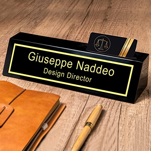 Personalized Engraved Business Desk Name Plate with Card Holder, Desk Name Plate, Customized Executive Black Wood Desk Name, Custom Name Sign Gifts - WoodArtSupply