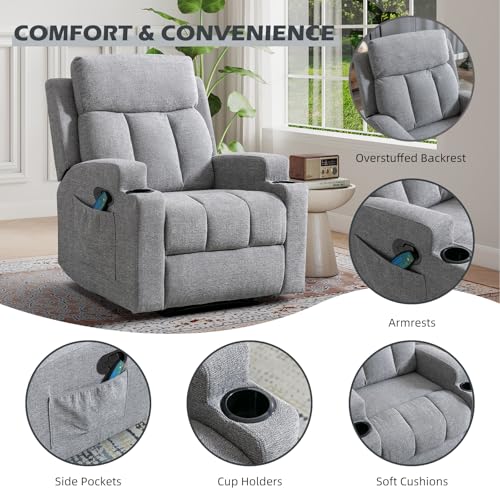 IOMOR 1PCS Fabric Manual Recliner Chair for Adults, Comfy Reclining Chairs with Overstuffed Arm and Back, Single Sofa for Living Room (1, Light Gray)