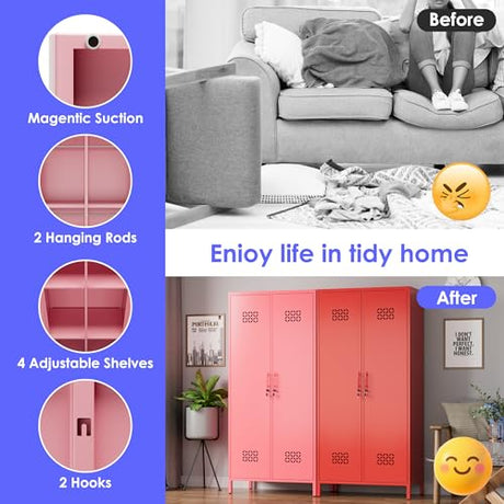 METAN 71" H*33.5" W*20" D Metal Wardrobe Closet with Lock,Extra Deep 2 Doors Metal Wardrobe Cabinet for Home,Assembly Required,Pink METAN
