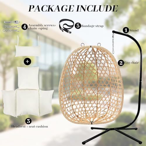 EortheX Hanging Egg Chair with Cushions – Comfortable Rattan Swing Chair with Stand for Patio, Garden, or Balcony – Stylish and Relaxing Outdoor Lounge Chair, 350LBS Capacity Indoor Outdoor (Beige) EortheX outdoor fancy