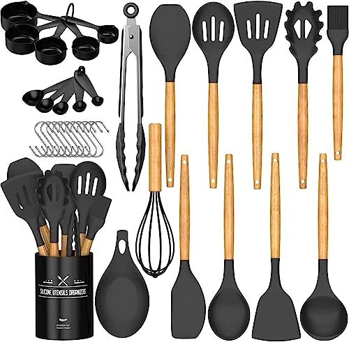 Umite Chef Kitchen Cooking Utensils Set, 33 pcs Non-Stick Utensils Spatula Set with Holder, Black Wooden Handle Silicone Kitchen Gadgets - WoodArtSupply