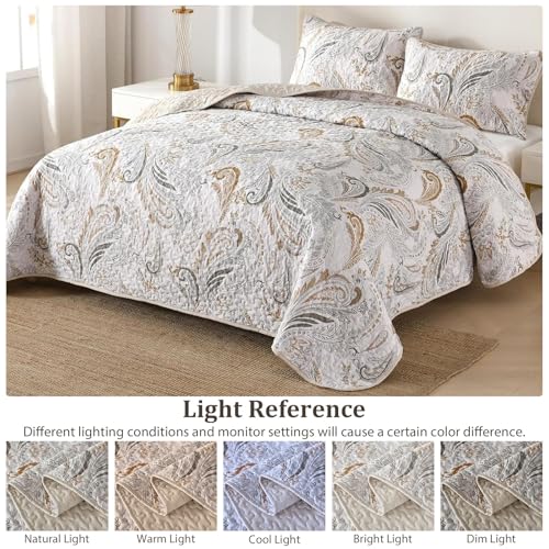 WONGS BEDDING Boho Quilt Set Queen,Beige Paisley Floral Pattern Bedspread Coverlet Set with 2 Pillowcases,Lightweight Microfiber Bohemian Quilt Bedding Set 96"×90" WONGS BEDDING