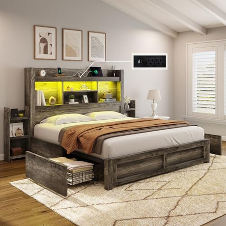 AMERLIFE Queen Bed Frame with 4 Storage Drawers, LED Bed Frame with 49“ Tall Bookcase Headboard, Wood Platform Bed with Charging Station & 2 Slide Bedside Shelf, No Box Spring Needed/Rustic Grey AMERLIFE