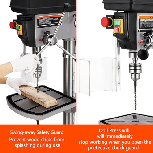 17 in Floor Drill Press with Swing-away Safety Guard, 12 Amp 120V Pure Copper Motor, 200-3630 RPM Variable Speed, 0-45° Tilting Worktable, Tabletop Drilling Machine for Wood Metal - WoodArtSupply