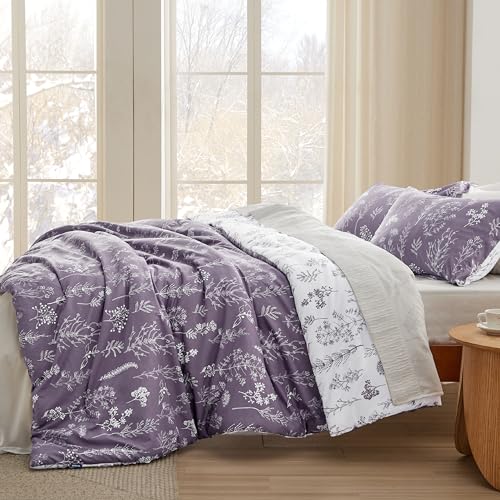 Bedsure Queen Comforter Set - Grayish Purple Bed Set, 3 Pieces Cute Floral Bedding, 1 Soft Reversible Botanical Flowers Comforter and 2 Pillow Shams Bedsure