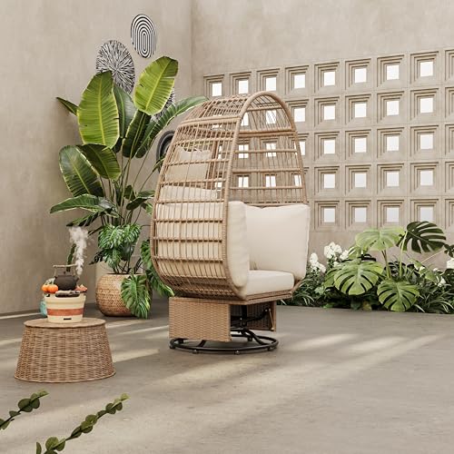 Merax Outdoor Swivel Chair with Cushions, Rattan Egg Patio Chair with Rocking Function for Balcony, Poolside and Garden,Natural+Beige Merax