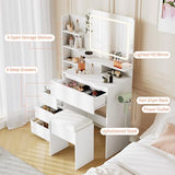 Loumernhant Vanity Set with Mirror and Adjustable Lights, Makeup Vanity Table with Built-in Charging Station, Vanity Desk with 4 Drawers, 4 Shelves, Vanity Bench for Bedroom-White Loumernhant