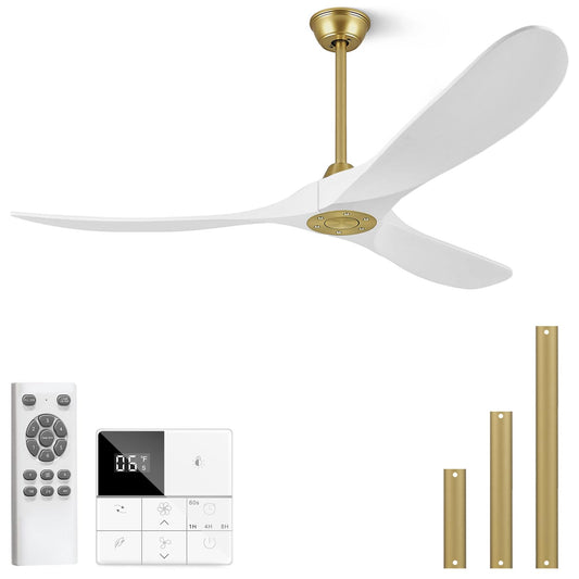 Ceiling Fan Without Lights 72 Inch Large Ceiling Fan, Outdoor Ceiling Fan No Lights with Wall and Remote Control, 3 Blade Solid Wood Indoor Outdoor Ceiling Fans for Patios ETL Listed-White gold