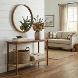 Alaterre Furniture Calais Living Room Collection – 48 Inch Solid Wood Entryway Table with Woven Storage Shelf – Mid Century Modern 2-Tier Sofa Table for Living Room, Hallway, or Foyer (Warm Chestnut) Alaterre Furniture