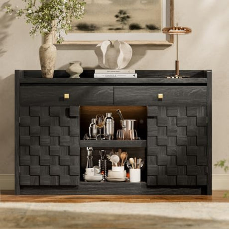 55" Buffet Cabinet with Storage, Kitchen Buffet Sideboard with Charging Station & LED Lights, Modern Wood Coffee Bar with Drawers & Door Rack, Large Accent Storage Cabinets with Adjustable Shelves STO'SENSE