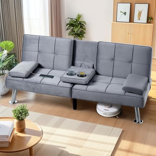 FLEXISPOT XCT3 Futon Sofa Bed with USB & Type-C Charging Port, Convertible Sleeper Couch with Adjustable Backrest, Folding Loveseat for Small Space, Living Room, Guest Room, Apartment (Velvet, Gray) FLEXISPOT