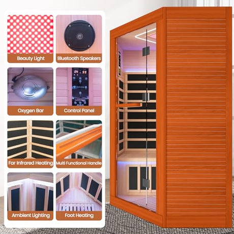 OUTEXER 2-3 Person Sauna Corner Sauna Far Infrared Saunas Room Home Canadian Hemlock Indoor 2100W Low-EMF Dry Saunas with Red Light Therapy Beauty Lamp 47.2 * 47.2 * 74.8inch OUTEXER