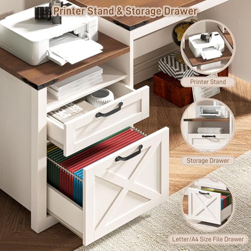 Farmhouse Executive Desk 51" Computer Desk with 2 Drawers Storage Cabinet and Power Outlets Wood Home Office Desk with Hutch & Monitor Stand, Writing Desk Workstation for Bedroom Study, Rustic White Halitaa