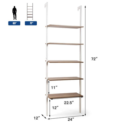 Modern Tangkula 5-Tier Wall-Mounted Ladder Bookshelf with Metal Frame in White - WoodArtSupply