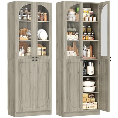 Cyclysio 80" Kitchen Pantry, Tall Arch Storage Cabinet with Tempered Glass Doors, Freestanding Wood Floor Cupboard Bookcase with Seamless Fit Wall for Dining Room, Living Room, Bathroom (Ash Grey) Cyclysio