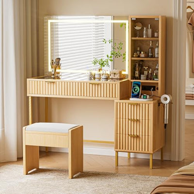 EOYUTLLY 48" Fluted Makeup Vanity Desk with 36" Mirror and Light,Glass Top Wooden Vanity Table with Charging Station,5 Drawers, 3 Adjustable Shelves & 3 Color Lighting Mode, Bedroom Dressing Table,Oak