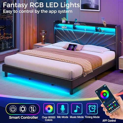 Rolanstar King Size Bed Frame, Storage Headboard with Charging Station and LED Lights, Upholstered Bed with Heavy Duty Wood Slats, No Box Spring Needed, Noise Free, Easy Assembly, Black Rolanstar